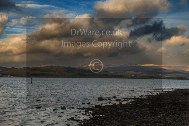 Roseneath Hills in background with light dusting of snow Inverclyde Argyle and Bute Scotland Clyde United Kingdom