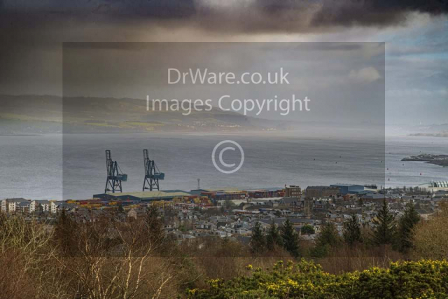 Greenock from Craig top lyle hill Inverclyde Scotland United Kingdom Clyde container termail