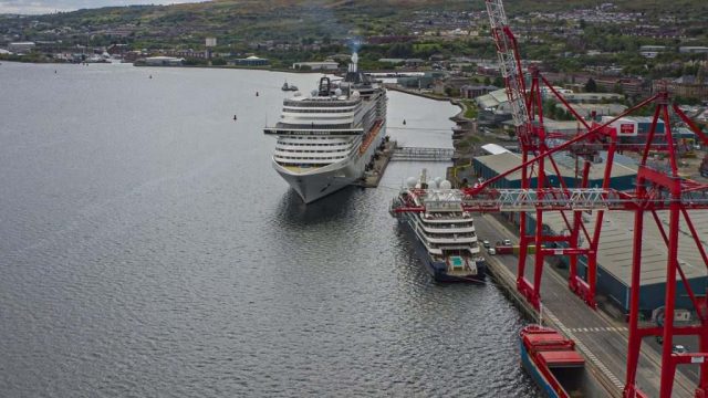 msc preziosa and le bellot along side Greenock Container terminal Inverclyde Scotland Clyde United Kingdom
