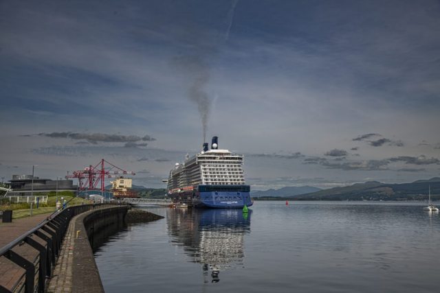 Cruise ship Celebrity Eclipse alongside Greenock Container terminal Inverclyde Scotland Clyde United Kingdom