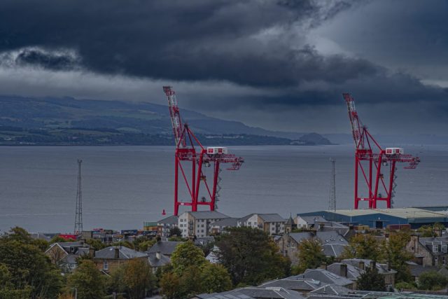 Greenock cranes container terminal from battery park Inverclyde Scotland Clyde United Kingdom